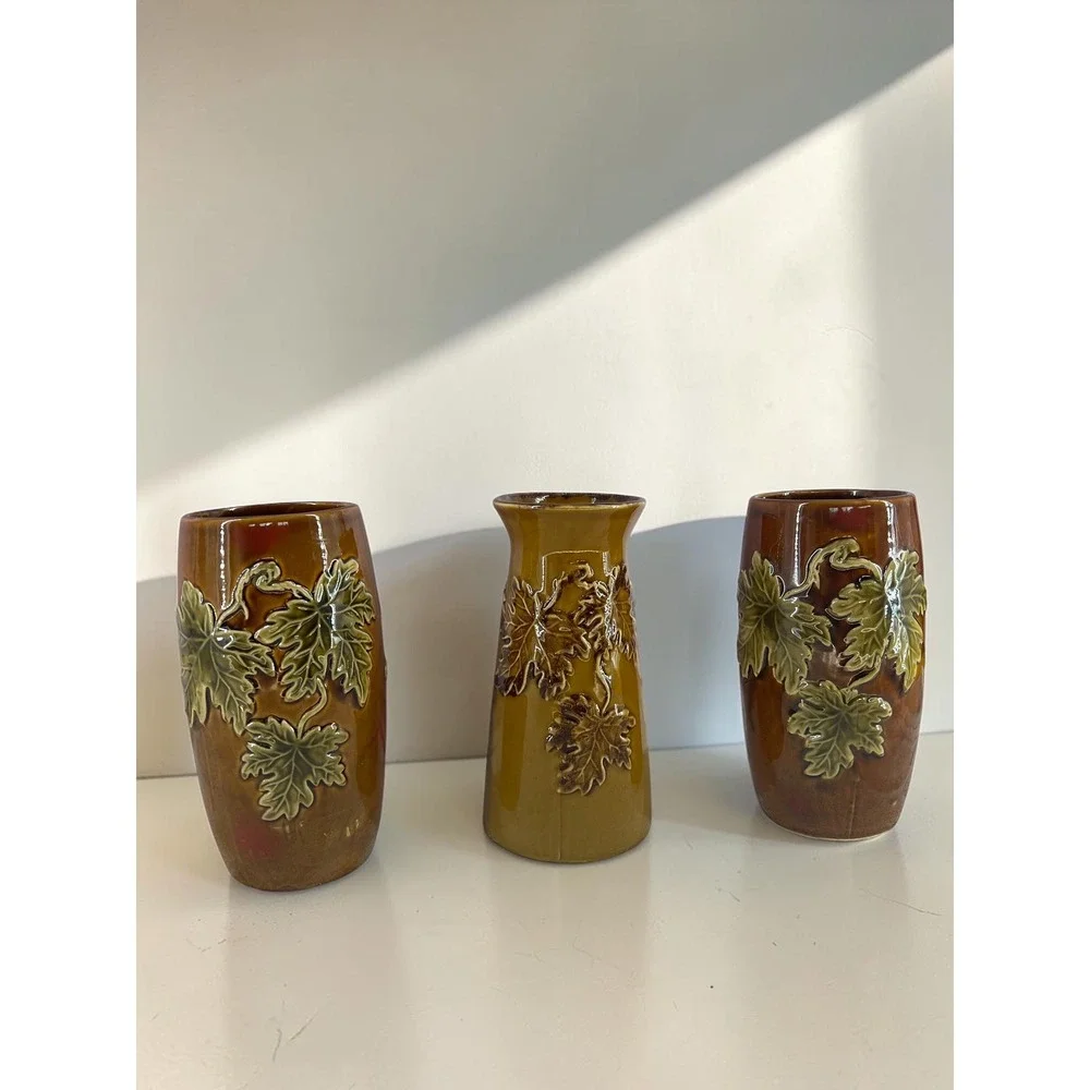 Vintage Circa 1970s Leaf Vase Set Woodland Art Pottery Brown Olive Rustic Decor
